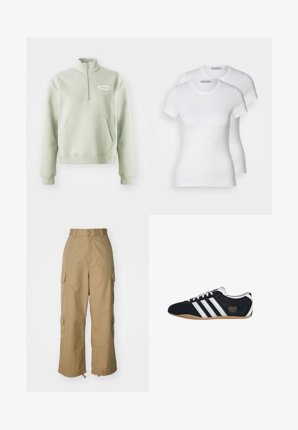 Felpa leggera verde chiaro con zip, colletto alto, tasca a marsupio e logo ricamato "New Balance Athletics" sul petto. Texture morbida.; Due t-shirt bianche in cotone con maniche corte, scollatura rotonda e silhouette aderente, presentano una texture liscia e un design minimalista.; Pantaloni cargo beige con vita alta, gamba ampia e quattro grandi tasche laterali. Realizzati in un tessuto resistente con una texture liscia e dettagli minimi.; Sneaker in pelle scamosciata nera con tre strisce bianche, logo dorato e suola in gomma marrone. Caratterizzato da un design a lacci a profilo basso.
