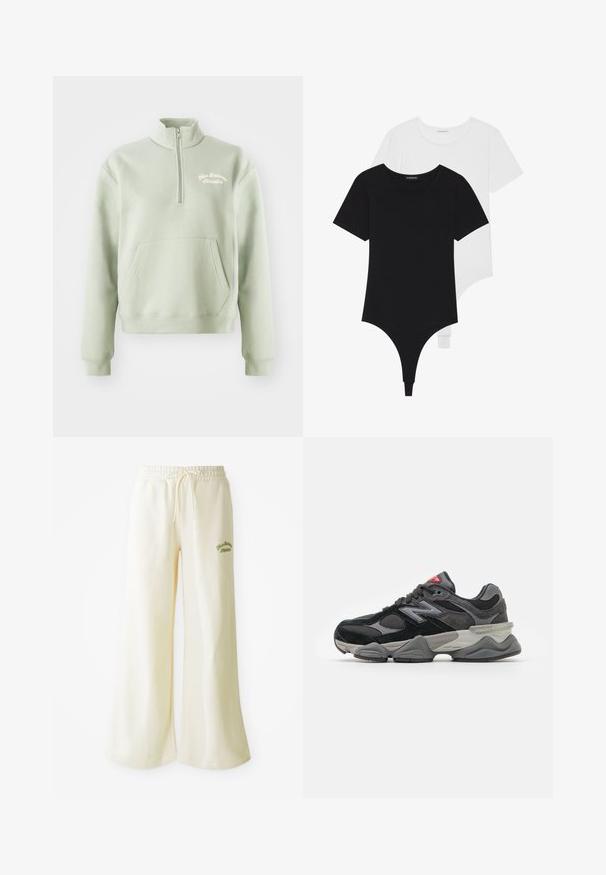 Ljusgrön zip-up sweatshirt med hög krage, känguruficka och broderad "New Balance Athletics"-logotyp på bröstet. Mjuk textur.; Svart och vit kortärmad bodysuit med rund halsringning och tanga-botten, tillverkad av ett mjukt, elastiskt tyg.; Krämfärgade vida sweatpants med elastisk midja och justerbar dragsko. Broderad grön text "Athletic" på framsidan. Mjuk tyg.; Svarta och grå sneakers med en kombination av mocka och mesh-material, tjock sula, framträdande logotyp och röd accent på tungan.