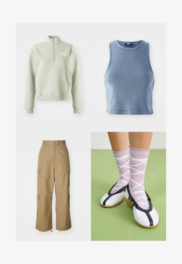 Sweatshirt verde claro com fecho, gola alta, bolso tipo canguru e logótipo bordado "New Balance Athletics" no peito. Textura suave.; Top cropped rib azul claro com decote redondo e design sem mangas. Textura suave e um pequeno detalhe de logotipo na bainha.; Calças cargo bege com uma cintura alta, pernas largas e quatro grandes bolsos laterais. Feitas de um tecido resistente com uma textura suave e minimalista.; Sapatos brancos planos com detalhes e solado pretos, combinados com meias caneladas roxas claras com tiras brancas em cruz. Colocados sobre um fundo verde.