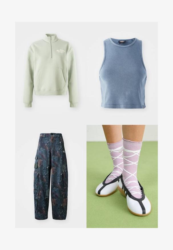 Sweatshirt verde claro com fecho, gola alta, bolso tipo canguru e logótipo bordado "New Balance Athletics" no peito. Textura suave.; Top cropped rib azul claro com decote redondo e design sem mangas. Textura suave e um pequeno detalhe de logotipo na bainha.; Calças cargo camufladas em verde escuro e castanho, com vários bolsos e um corte largo, feitas de um tecido leve e durável.; Sapatos brancos planos com detalhes e solado pretos, combinados com meias caneladas roxas claras com tiras brancas em cruz. Colocados sobre um fundo verde.