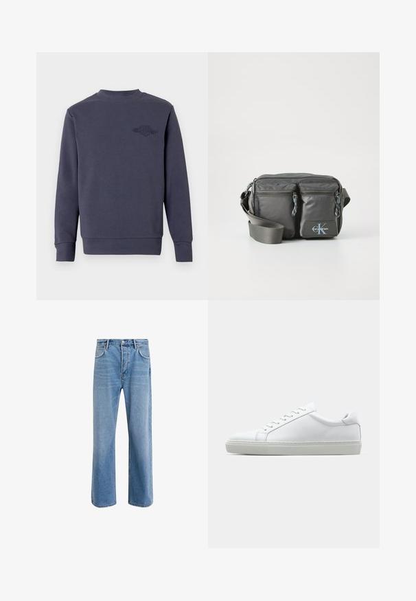 Mikina v tmavomodrej farbe, vyrobená z mäkkej látky, s okrúhlym výstrihom a rebrovanými manžetami. Vyšívané logo na ľavej strane hrudníka.; Svetlo modré denimové džínsy so strihom rovného nohu, päť vreciek, zapínanie na gombík, minimálne vyblednutie a kontrastné švy.; Biele tenisky s hladkým koženým zvrškom a nízkym profilom. Majú zaoblenú špičku, šesť očiek a štruktúrovanú gumovú podrážku.; Šedá nylonová taška cez telo s dvoma zipsovými prednými vreckami, nastaviteľným popruhom a akcentom loga. Hladký povrch s moderným dizajnom.
