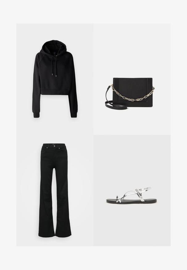 Gap Tall ULTRA CROP HOODIE - Ikdienas džemperis - true black; Melnas flared džinsas, izgatavoti no denima, ar augstu jostasvietu, piecām kabatām un metāla pogu aizdari. Gluda tekstūra ar minimālu apdari.; Sudraba metāla sandales ar minimālistisku dizainu, kurām ir plānas siksnas un melna plakanā zole. Uzsvari ir krusteniskās siksnas akcenti.; Melna ādas crossbody soma ar gludu faktūru, taisnstūrveida formu un metalizētu ķēdes detaļu priekšā. Iekļauta regulējama siksna.; Sudraba divu joslu gredzens ar gludu, pulētu virsmu. Iezīmējas ar plūstošu, izliekta dizaina struktūru ar pārklājošām sekcijām modernam izskatam.
