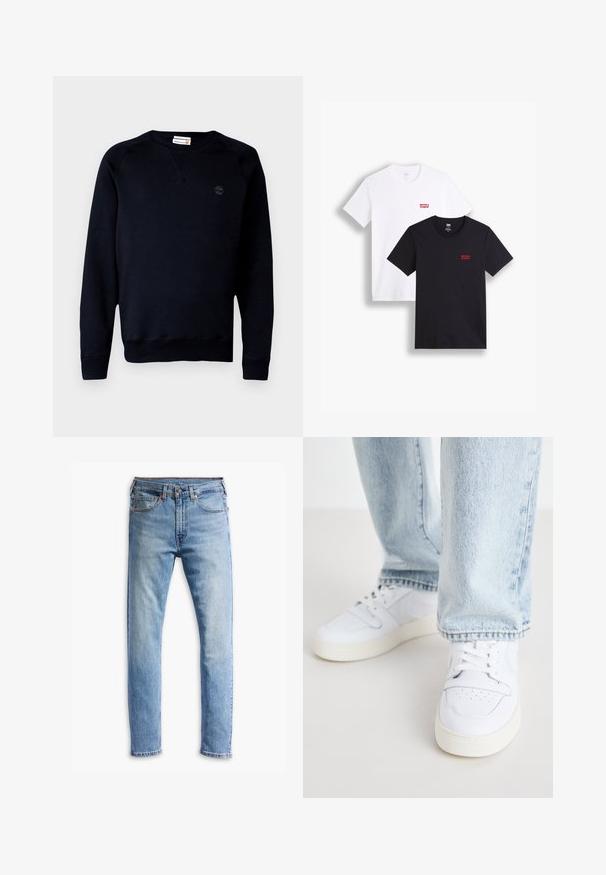 Sudadera negra de mezcla de algodón, con cuello redondo, mangas largas, puños acanalados y un pequeño logo en el pecho.; Dos camisetas de manga corta: una blanca y una negra. Ambas de algodón con un logo rojo de Levi's en el pecho. Diseño simple de cuello redondo.; Vaqueros de denim azul claro con un diseño de corte recto, cinco bolsillos, cierre de botón y un leve desgastado en la tela.; Zapatillas bajas de cuero blanco con puntera perforada, cordones planos y diseño minimalista. Combinadas con pantalones vaqueros de mezclilla azul claro.