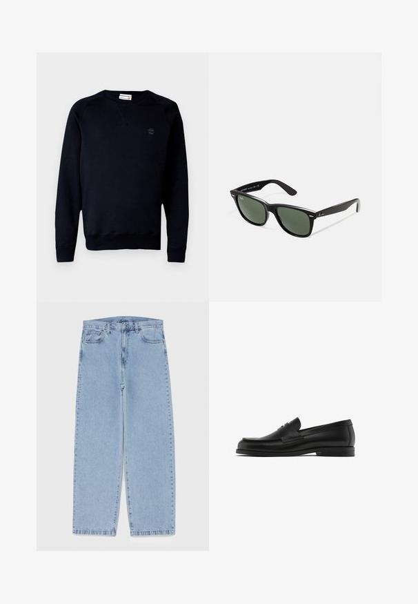 Felpa nera in misto cotone, con collo a giro, maniche lunghe, polsini a coste e un piccolo logo sul petto.; Jeans in denim azzurro chiaro con design a gamba dritta, caratterizzati da una vita media, cinque tasche e chiusura con bottone e zip.; Mocassini in pelle nera con punta arrotondata, dettagli di cucitura e una fascia decorativa in pelle sulla tomaia; suola piatta in gomma.; Occhiali da sole in plastica nera con lenti verdi, montatura quadrata, dettaglio argento sulla parte superiore e steli con texture. Marchio indicato sulla parte interna dello stelo.