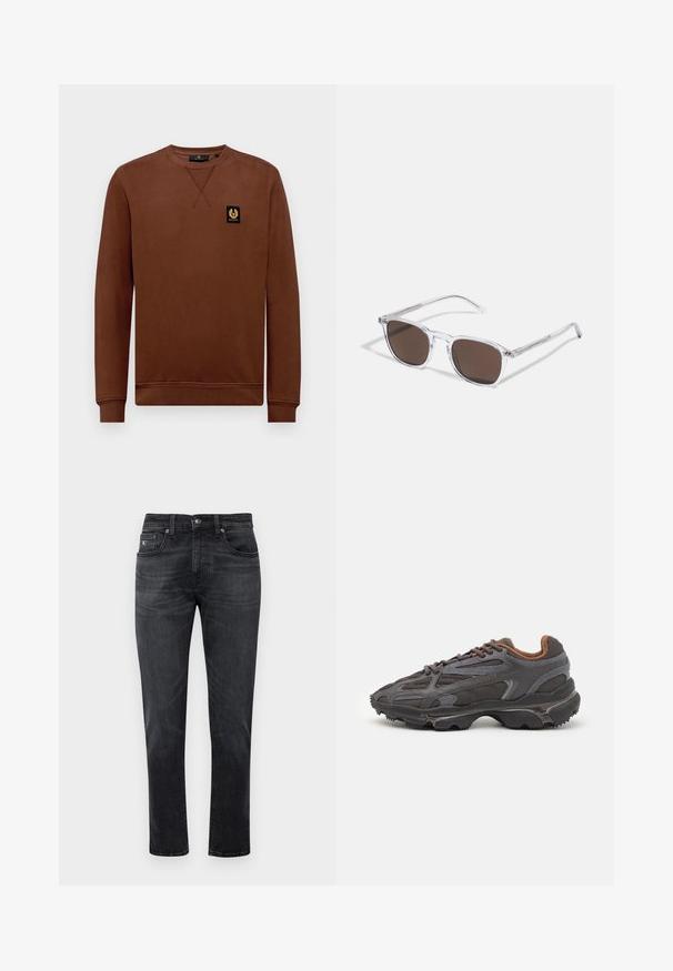 Belstaff BELSTAFF - Melegítőfelső - deep copper; Fekete farmernadrág egyenes szabással, öt zsebes dizájnnal és cipzáras záródással. Finom kopás és varrás részletek a zsebeken.; Sötét szürke Lacoste sportcipők hálós és szintetikus anyagból, textúrázott talppal és barna díszítésekkel a nyak részen és a logón.; Átlátszó műanyag napszemüveg téglalap alakú barna lencsékkel, vékony, átlátszó karokkal és fém díszítésekkel a halántéknál.
