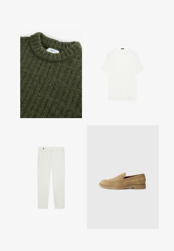 Grøn strikket sweater med høj hals, struktureret overflade og subtile lodrette ribber. Har et syet mærke ved halsudskæringen.; Hvid kortærmet t-shirt lavet af blødt stof. Har en klassisk rund halsudskæring og en lige pasform, uden synlige mønstre eller accenter.; Hvide bomuldsbukser med slim fit, med en knaplukning, to sidelommer og minimale sømdetaljer.; Tan ruskindsloafers med rund tå, lav blokhæl og syet detaljering på overdelen. Glat overflade og minimalistisk design.