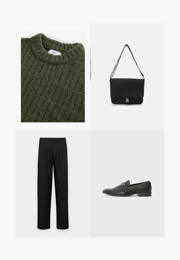 Žalias megztas džemperis su aukštu kaklu, tekstūruotu paviršiumi ir subtiliais vertikaliais raštais. Yra įsiūtas etiketė apykaklėje.; Juodi kelnių modeliai, pagaminti iš lygios medžiagos, turi tiesią kojas, du priekiniai klostės ir standartinę juosmenį su diržo kilpomis.; Juodos odinės loafer tipo bateliai su lygiu paviršiumi, turintys siuvinėtą dizainą ir dekoratyvų metalo grandinėlės akcentą ant batų viršaus. Plokščias kulnas.; Juodas pranešėjo krepšys, pagamintas iš lygaus medžiagos, su užkloto dangčiu, sidabrine užsegimo aparatūra ir reguliuojama petneša.; Juodos odinės pirštinės, turinčios lygų paviršių, elegantišką dizainą ir ryškius siuvimo kontūrus palei pirštus, kiekvieno piršto galas šiek tiek suapvalintas.