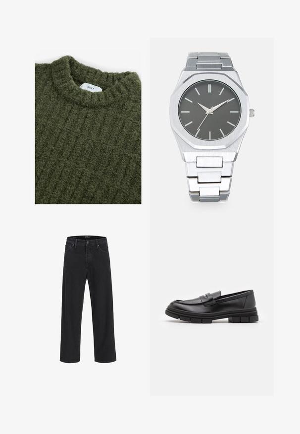Pulover verde tricotat cu guler înalt, suprafață texturată și nervuri verticale subtile. Are o etichetă cusută la guler.; Jeans din denim negri, cu croială dreaptă, cu închidere prin buton și fermoar, bucle pentru curea și buzunare în față și în spate.; Loaferi din piele neagră cu un finisaj neted, având un detaliu cu bretea frontală și o talpă din cauciuc masivă cu accente striate.; Ceas analog argintiu cu carcasă octagonală, cadran gri, marcaje orare argintii și brățară din oțel inoxidabil cu zale. Design minimalist cu textură netedă.