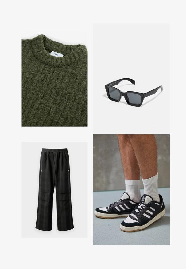 Grüner gestrickter Pullover mit hohem Kragen, strukturierten Oberfläche und subtilen vertikalen Rippungen. Verfügt über ein eingenähtes Etikett am Halsausschnitt.; Schwarze karierte Hosen mit elastischem Bund, zwei Fronttaschen und lockerer Passform im geraden Beinschnitt. Hergestellt aus leichtem Material.; Schwarz-weiße Sneaker mit einem Obermaterial aus Wildleder und Leder, ausgestattet mit drei weißen Streifen, einer perforierten Zehenpartie und einer Sohle aus Gummi.; Schwarze rechteckige Sonnenbrille mit dunklen Gläsern. Kunststoffrahmen mit glänzender Oberfläche, ausgestattet mit einer breiten Brücke und leicht verjüngten Bügeln.