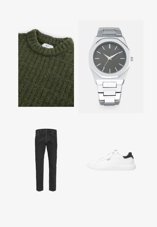Zielony wełniany sweter z wysokim kołnierzem, fakturowaną powierzchnią i subtelnym pionowym prążkowaniem. Posiada wszytą metkę przy dekolcie.; Czarne dżinsy o prostym kroju nogawki, z pięcioma kieszeniami i przeszyciami na pasek, charakteryzujące się lekko przetartą fakturą i kontrastowym przeszyciem.; Białe niskie sneakersy wykonane ze skóry o gładkim wykończeniu, z czarnymi akcentami na pięcie, okrągłymi sznurowadłami i delikatnym przeszyciem z boku.; Srebrny zegarek analogowy z ośmiokątną kopertą, szarym cyferblatem, srebrnymi znacznikami godzinowymi oraz bransoletą z ogniw ze stali nierdzewnej. Minimalistyczny design o gładkiej fakturze.