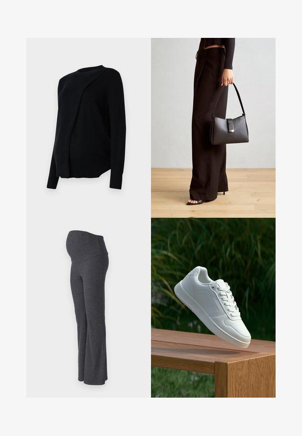 Zwarte gebreide zwangerschapstrui met een ronde halslijn, lange mouwen en een losse pasvorm met geribbelde accenten bij de manchetten en de zoom.; ONLY MATERNITY OLMHALLE - Broek - dark grey; Witte sneaker met een gladde synthetische bovenkant, geperforeerde neus, platte veters en een gestructureerde zool, tentoongesteld op een houten oppervlak.; Zwarte handtas met gestructureerde vorm, gladde textuur en een metalen sluiting. Gecombineerd met brede zwarte broeken en sandalen met open teen op een houten vloer.