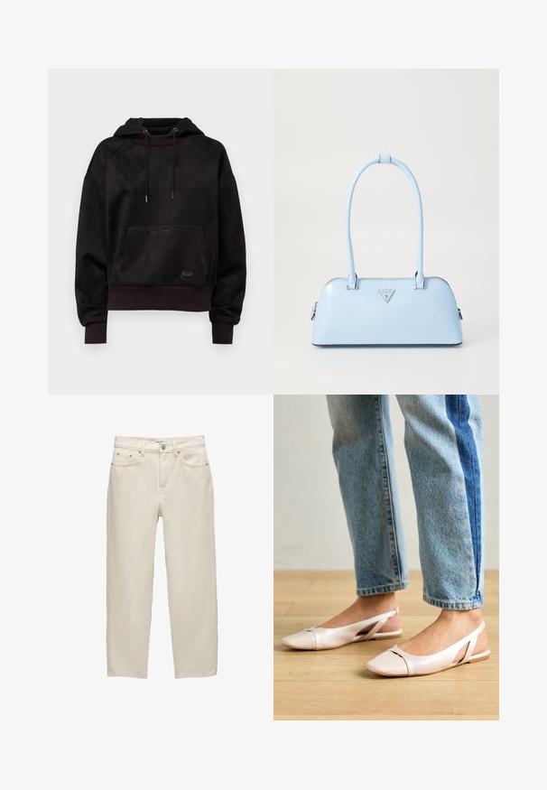 Felpa nera con cappuccio realizzata in un morbido materiale simile alla pelle scamosciata, dotata di tasca frontale, cappuccio con cordino e polsini a coste con sottili dettagli di cucitura.; Jeans in denim bianco con una vestibilità rilassata, caratterizzati da gamba dritta, design a cinque tasche e hardware in metallo con una texture sottile.; Ballerine slingback rosa pallido con punta affusolata, realizzate in un materiale simile alla pelle liscio. Presentano dettagli a taglio sui lati e un tacco piatto.; Borsa a mano azzurro chiaro con forma strutturata, materiale in pelle liscia, due manici e logo triangolare sul davanti. Chiusura con zip.
