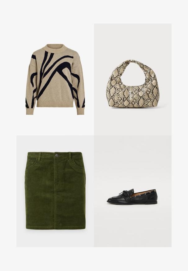 Bežinis mezginys megztinis su juodais abstrakčiais kreivais liniuotėmis, su raukšlėtu aukštu kaklu, rankogaliais ir apačia, eksponuojamas prieš baltą foną.; Du du baltos be rankovių marškiniai, pagaminti iš minkštos medvilnės, su apvaliu kaklu ir be akivaizdžių raštų ar aksesuarų.; Tamsiai žalia kordūrojo sijonas tiesiu virkščiu, su penkių kišenių dizainu ir metaliniu mygtuko uždarymu juosmens srityje.; Juodi odiniai loafai su surišta mazgeliu, su auksinėmis akytėmis šoninėse dalyse ir plokščiu guminiu padu. Lygus paviršius, klasikinis dizainas.; Gyvatės rašto rankinė su kreiviu rankenėle. Pagaminta iš tekstūruotų smėlio ir rudos spalvos medžiagų, su išskirtiniu rombo raštu.