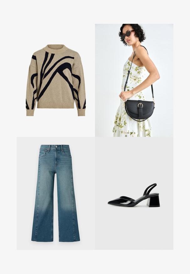 Beige gebreide trui met zwarte abstracte gebogen lijnen, geribbelde col, manchetten en zoom, weergegeven tegen een witte achtergrond.; Brede pijpen jeans in een middelmatige blauwe wassing, met een gradient effect van donker naar licht. Gemaakt van denim met een traditionele vijf-pocketstijl.; Zwarte gepatineerde leren slingback hakken met een spitse neus en een geometrische blokhak. Kenmerkt zich door een slank, minimalistisch ontwerp en een gladde textuur.; Zwarte leren handtas met een gebogen vorm, afneembare schouderband en gouden hardware. De tas heeft een klep met een gespsluiting.