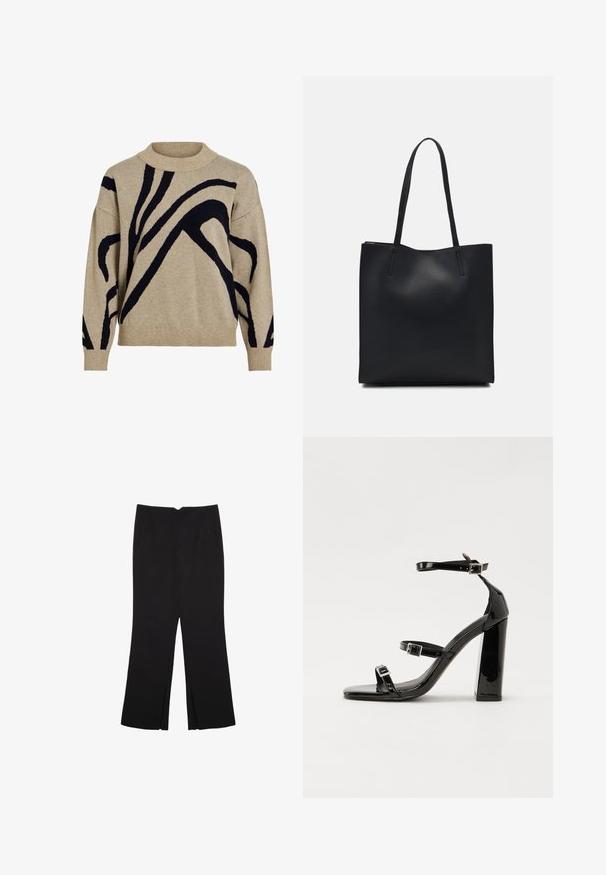 Beige Strickpullover mit schwarzen abstrakten gebogenen Linien, gerippter Stehkragen, Bündchen und Saum, vor einem weißen Hintergrund präsentiert.; Schwarze Hose mit geradem Schnitt, ausgestattet mit Fronttaschen und Seitenschlitzen am Saum. Hergestellt aus weichem, glattem Stoff. Geeignet für verschiedene Anlässe.; Schwarze patentierte Sandalen mit Absatz, quadratischer Spitze, Knöchelriemen und silbernen Schnallen. Mit einem stabilen Blockabsatz für mehr Stabilität.; Schwarze Laptoptasche aus Leder mit glatter Textur, rechteckiger Form und zwei langen Griffen. Keine sichtbaren Beschläge oder Verzierungen.