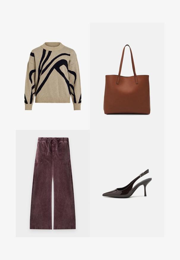 Beige Strickpullover mit schwarzen abstrakten gebogenen Linien, gerippter Stehkragen, Bündchen und Saum, vor einem weißen Hintergrund präsentiert.; Weit geschnittene Cordhosen in einem tiefen Mauve-Ton, mit elastischem Bund, Kordelzug und zwei großen Vordertaschen.; Slingback-Pumps aus glänzendem dunklen braunen Lackleder, mit spitzer Zehenpartie, offenen Seiten und verstellbarem Knöchelriemen.; Braune Leder-Tote mit glatter Textur, offenem Oberteil und zwei Schulterriemen. Verfügt über minimale Nähte und keine sichtbaren Beschläge.