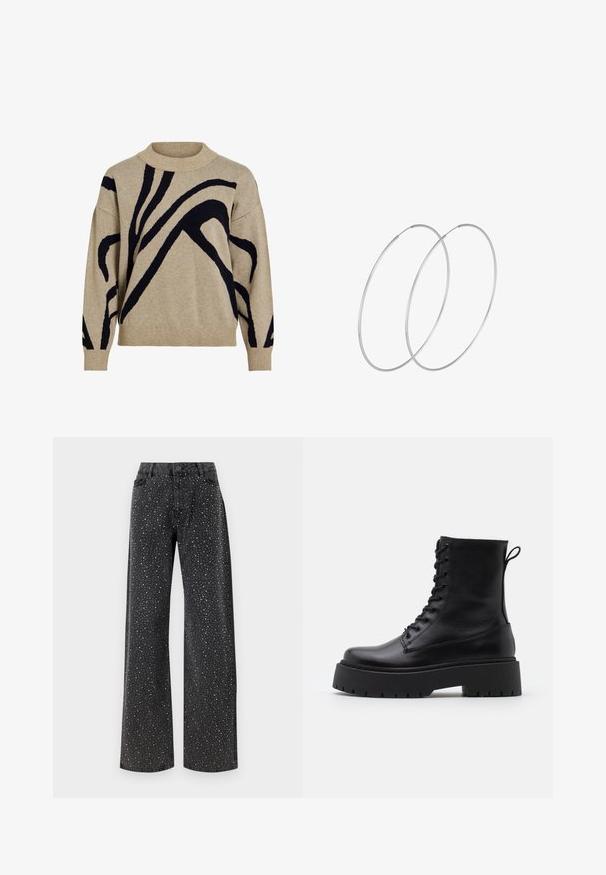 Beige neulepaita, jossa on mustia abstrakteja kaarevia viivoja, ribattu poolokaulus, hihansuuhun ja helmaan, esillä valkoista taustaa vasten.; Noisy May NMJANNEL LOOSE - Relaxed fit -farkut - black denim; Musta nahkainen nilkkureita, joissa on pyöreä kärki, nauhakiinnitys edessä ja paksu kumipohja, jossa on teksturoitu pinta. Takana vetotappi.; Hopehope hopeilla, joissa on minimalistinen muotoilu. Pyöreä muoto, sileä pinta ja ohut profiili. Kevyet ja kiillotetut.