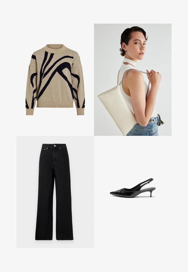 Bežna pletena jopica s črnimi abstraktnimi ukrivljenimi črtami, rebrastim ovratnikom, manšeti in robom, prikazana na beli podlagi.; Črne kavbojke visoke pasu s širokim krojem, ki imajo pet žepov in srebrne kovinske dodatke. Splošna gladka tekstura.; Črne usnjene slingback pete z izostrenim nosom, majhno mačje peto in okrasno vozličasto podrobnostjo na sprednjem delu. Gladka tekstura po celotni površini.; Bela pravokotna torbica za ključe iz sijajnega materiala, opremljena s srebrno verižico. Model pozira in prikazuje torbico na enobarvni podlagi.