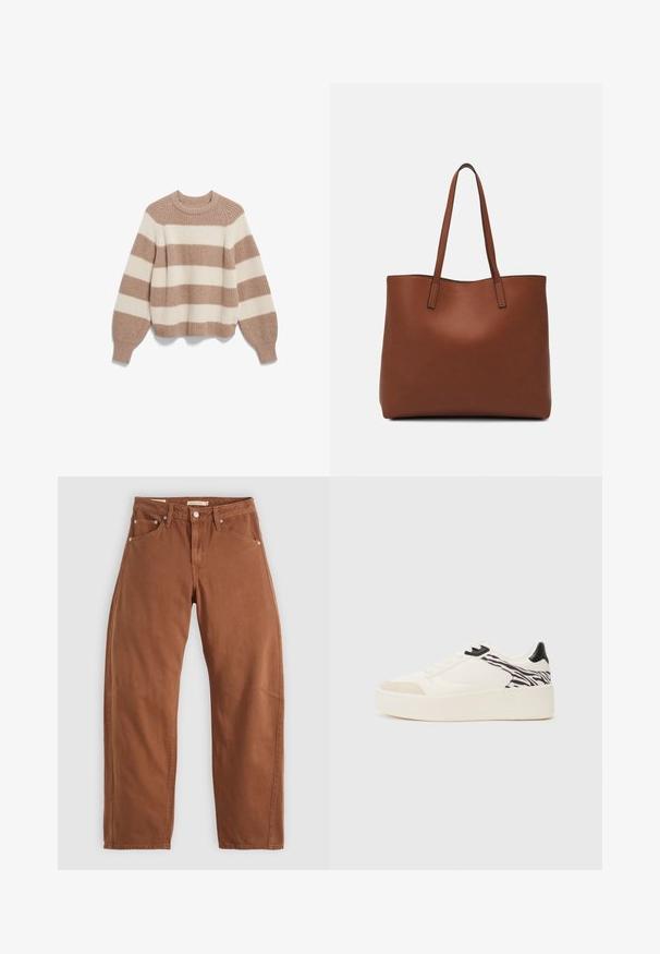 Flauschiger Strickpullover mit breiten beigen und cremefarbenen horizontalen Streifen, Rundhalsausschnitt und langen puffigen Ärmeln mit eng anliegenden Bündchen.; Rostbraune gerade geschnittene Jeans mit Vorder- und Hintertaschen, Metallnieten, Knopfverschluss und Gürtelschlaufen, flach auf einem weißen Hintergrund ausgelegt.; Even&Odd Sneaker low - white/black; Braune Leder-Tote mit glatter Textur, offenem Oberteil und zwei Schulterriemen. Verfügt über minimale Nähte und keine sichtbaren Beschläge.