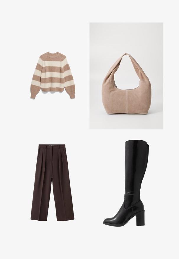 Flauschiger Strickpullover mit breiten beigen und cremefarbenen horizontalen Streifen, Rundhalsausschnitt und langen puffigen Ärmeln mit eng anliegenden Bündchen.; Braune weit geschnittene Hose aus strukturiertem Stoff, mit vorderen Falten, seitlichen Taschen und einem klassischen Design des Bunds.; Knöchelhöhe schwarze, glänzende Stiefel mit hohen Absätzen, runder Zehenform, glatter Textur, seitlichen Aussparungen und einem kräftigen Blockabsatz.; Hobo-Tasche aus weichem Wildledermaterial in einem hellen Beigeton. Verfügt über eine runde Form, einen breiten Riemen und einen Reißverschluss.; Goldfarbene Halskette mit einer feinen Kette, einem großen matten Herzanhänger und einem kleineren funkelnden Herzcharme.