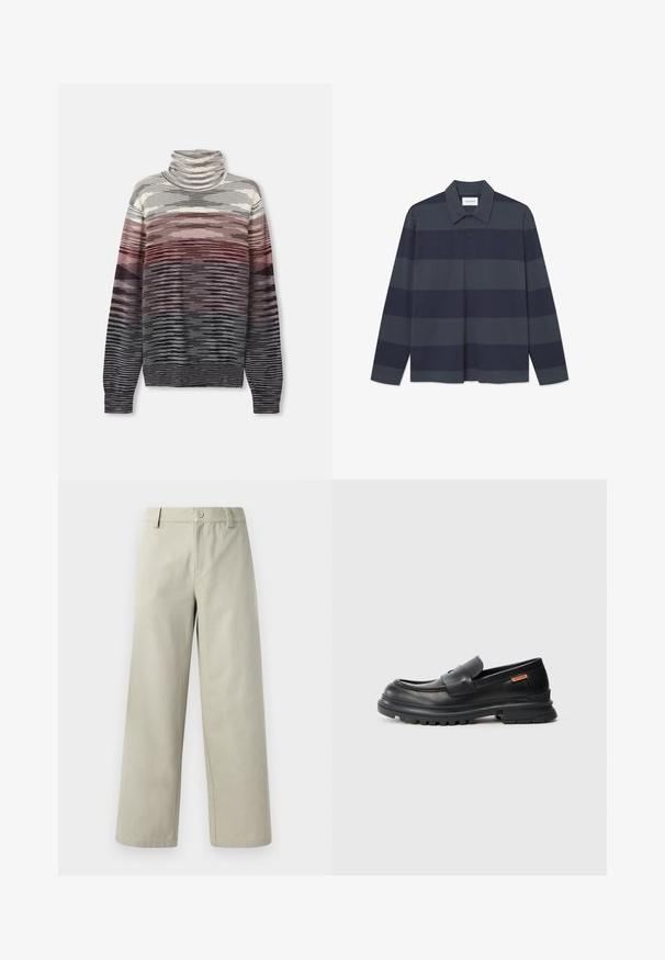 Csíkos garbós pulóver színátmenettel: szürke, fehér, bordó és fekete. Puha tapintás, hosszú ujjak és bordás mandzsetta.; Hosszú ujjú pólóing sötétkék és szürke vízszintes csíkokkal, gombos gallérral és puha pamut anyaggal. Egyenes szegéllyel rendelkezik.; Han Kjøbenhavn WIDE LEG - Nadrágok - light grey; Fekete bőr loaferek lekerekített orral, alacsony sarokkal és vastag, texturált gumitalppal. Tűzött díszítéssel és egy kis logóval az oldalon.