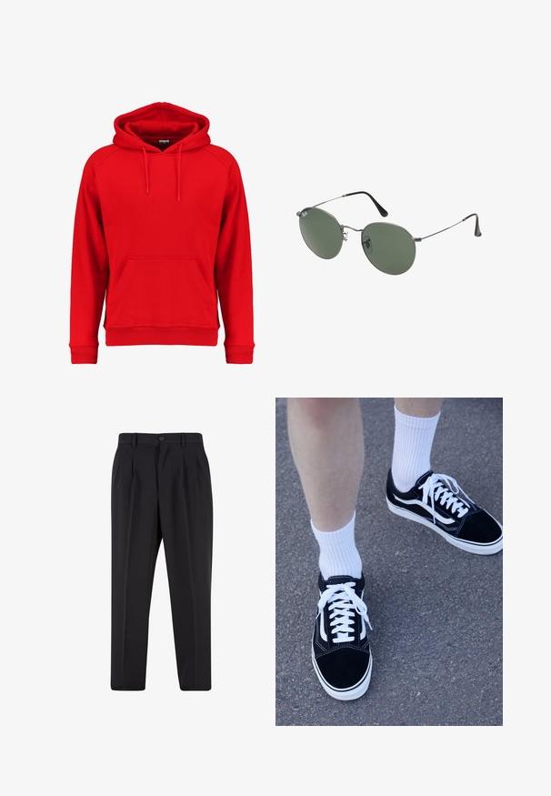 Piros kapucnis pulóver, puha anyagból készült, elülső zsebből, zsinóros kapucniból, valamint bordás mandzsettákból és aljból áll. Egyszerű dizájn, látható logók nélkül.; Fekete nadrág, pliszézett elejű dizájnnal, sima anyagból készült. Gombos záródás és övhurkok jellemzik; egyenes szabású.; Fekete velúr sportcipők fehér díszítéssel és fűzőkkel, fehér bordázott crew zoknikkal párosítva, egy textúrált szürke felületen elhelyezve.; Fémkeretes napszemüveg ovális zöld lencsékkel. Vékony ezüst színű fémkeret és fekete fülrész. Minimalista dizájn, látható logók nélkül.