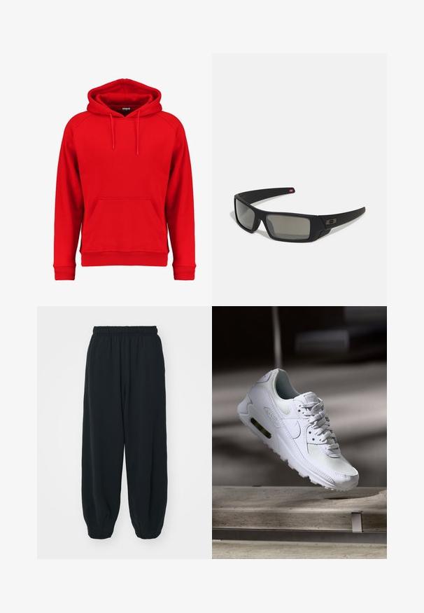 Rode hoodie gemaakt van zachte stof, met een voorzak, trekkoordcapuchon en ribgebreide boorden en onderrand. Eenvoudig ontwerp zonder zichtbare logo's.; Zwarte, elastiche sweatpants met een losse pasvorm, manchetten aan de enkels, een zachte textuur en zonder zichtbare patronen of hardwareaccenten.; Witte Nike Air Max 90 sneaker met een bovenwerk van mesh en leer, een geperforeerde teenbox en een zichtbare luchtunit in de hiel.; Zwarte zonnebril met een matte afwerking, rechthoekige glazen, een lichte kromming op de slapen, subtiele logodetails en rookgetinte glazen.