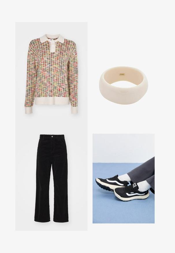 Neulepusero kauluskannalla. Ominaisuuksia moniväriset pystysuorat raidat punaisessa, vihreässä, keltaisessa ja kermassa. Keskipainoinen rakenne.; Mustat corduroypöksyt leveillä lahkeilla ja korkealla vyötäröllä, joissa on edessä nappi- ja vetoketjukiinnitys sekä pystysuora röyhelötekstuuri koko matkalla.; Mustat lenkkarit valkoisilla yksityiskohdilla, verkko- ja kumimateriaaleista valmistettuna, joissa on teksturoitu pohja ja kantanauha. Yhdistetty valkoisten sukkien ja harmaiden housujen kanssa.; Kiiltävä beige rannerenka, joka on valmistettu sileästä hartsista. Pyöreä muoto, jossa on tasainen pinta ja pieni kulta-logo sisäpinnalla.