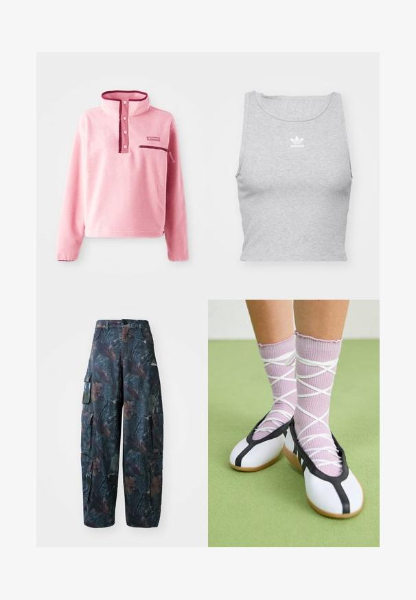 Fleecani pulover svijetlo ružičaste boje s visokim ovratnikom, gumbima, džepom na prsima i kontrastnim ljubičastim detaljima. Mekana textura kroz cijeli pulover.; Sivi kratki crop top bez rukava od mekog materijala, sa okruglim izrezom i malim bijelim Adidas logotipom na prsima.; Maskirne cargo hlače u tamnozelenoj i smeškoj boji, sa višestrukim džepovima i slobodnim krojem, izrađene od laganog, izdržljivog materijala.; Bijele ravne cipele s crnim obrubom i potplatom, uparene s svijetlopurpurastim rebrastim čarapama koje imaju bijele križne trake. Postavljene na zelenoj pozadini.