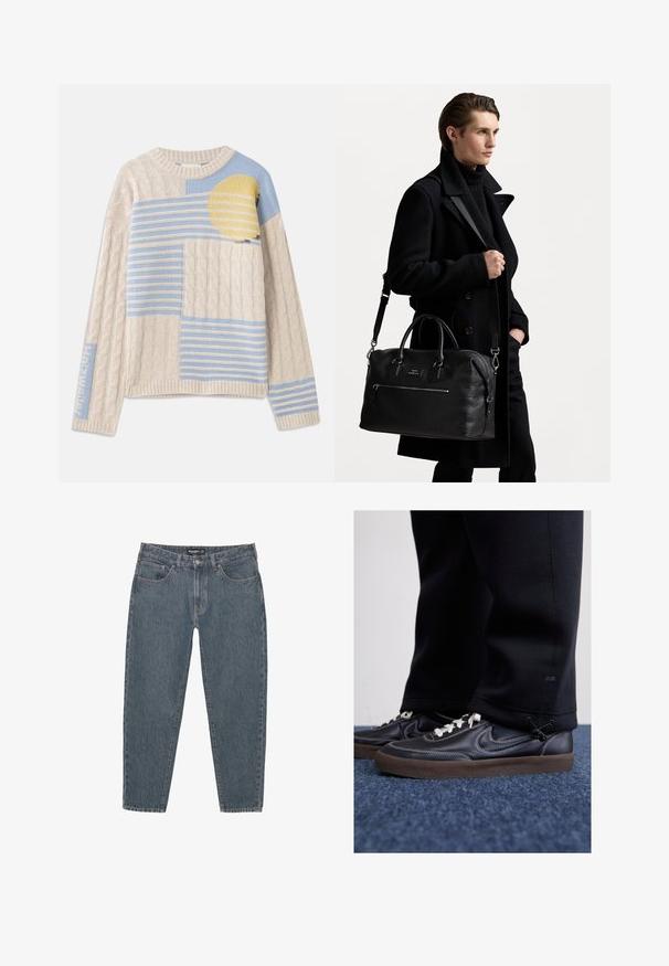 Bézs színű kötött pulóver, kábelmintás textúrával, kék és sárga csíkos mintázattal, kerek nyakrészével, valamint bordázott mandzsettákkal és aljjal.; Sötétkék farmernadrág, laza szabással, öt zsebbel, gombos záródással és enyhén rojtos szegéllyel. Tartós anyag, finom textúrával.; Nike Sportswear KILLSHOT 2 LTR PRM OPP2 - Sportcipő - black sail baroque brown mtlc dk grey; Fekete bőr sporttáska, felső fogantyúkkal és levehető vállpánttal. Texturált felület, elülső cipzáras zsebbe, minimális márkázási részletek.