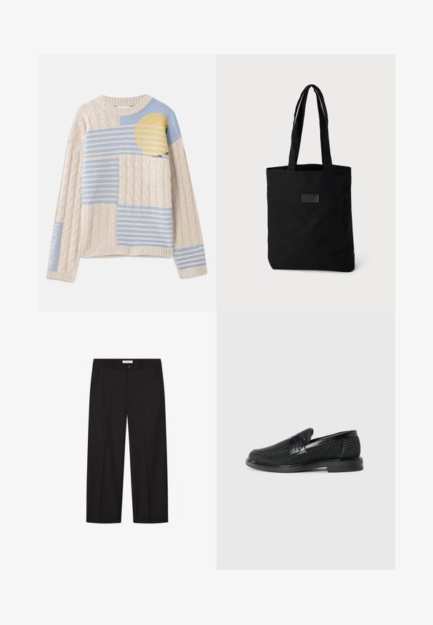Beige gestrickter Pullover mit Kabelstrickstruktur, blauen und gelben gestreiften Mustern, Rundhalsausschnitt und gerippten Bündchen und Saum.; Schwarze Weite Hosen aus glattem Stoff. Besitzt einen Knopf- und Reißverschluss, zwei Fronttaschen und einen sauberen Saumabschluss.; Schwarzer geflochtener Slipper mit einem glatten Lederakzent im Obermaterial, einem runden Zehendesign und einer flachen Gummisohle.; Schwarze Leinenshoppingtasche mit zwei Griffen, flachem Oberteil, strukturierten Oberflächen und einem kleinen, geprägten Logo auf der Vorderseite.