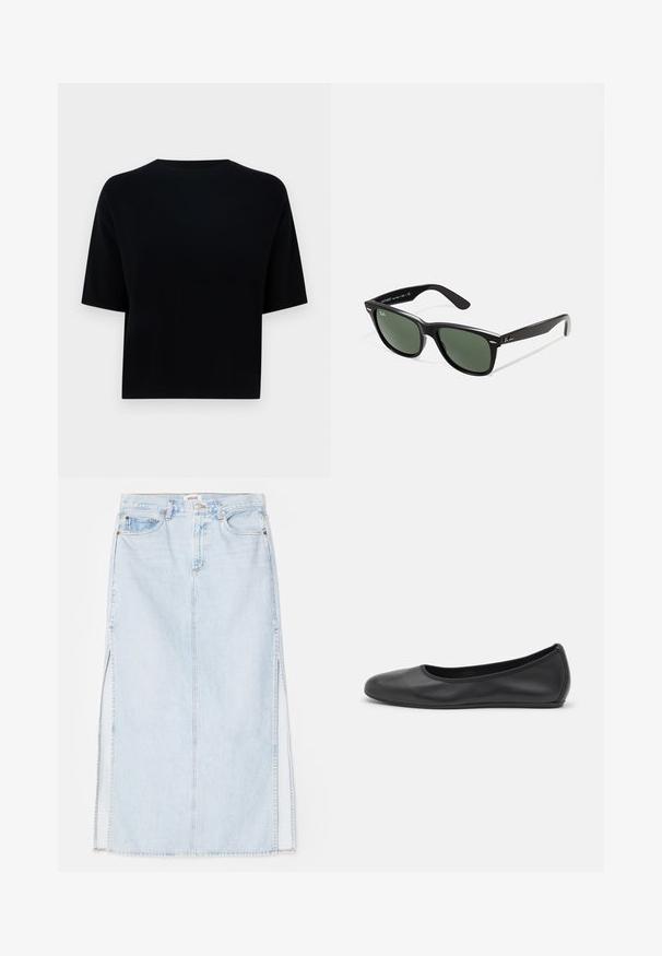Mustapaitainen lyhythihainen crop-t-paita, joka on valmistettu pehmeästä puuvillasta. Sisältää pyöreän kaula-aukon ja sileän tekstuurin ilman näkyviä kuvioita tai yksityiskohtia.; Vaaleansininen farkkumaxi-hame, jossa on suora leikkaus, sivuaukot ja viisitaskumallinen muotoilu. Korostetut saumat ja metallinappikiinnitys.; Musta nahkainen ballerina, jossa on pyöristetty kärki, sileä pinta, minimaalinen ommelkoristelu ja joustava pohjamuotoilu.; Mustat muoviset aurinkolasit, joissa on vihreät linssit, neliönmuotoiset kehykset, hopeinen yksityiskohta kulmakarvojen kohdalla sekä tekstuuriset temppeleiden varret. Brändi ilmoitettu sisävarsissa.
