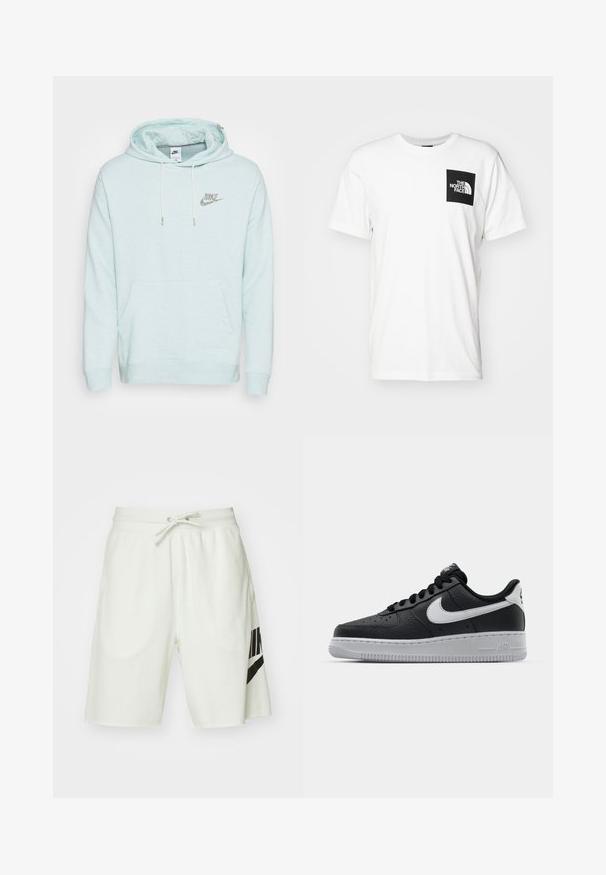 Nike Sportswear REVIVAL HOODIE - Sweatshirt com capuz - mint foam/white; T-shirt de algodão branco com um bolso quadrado preto com o logótipo "The North Face" em branco. Manga curta e design de gola redonda.; Calções de algodão cinza claro com uma cintura elástica, cordão ajustável e um logótipo preto da Nike no lado esquerdo.; Sapatilha de pele preta com superfície texturizada, swoosh branco da Nike, sola cinza, bico redondo e design com atacadores. Apresenta perfurações na caixa dos dedos.