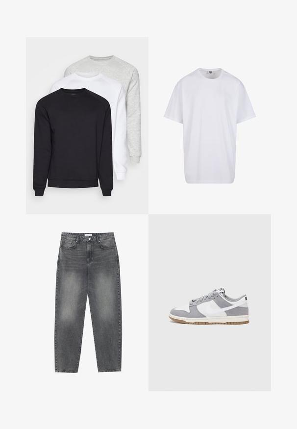 Tres sudaderas de cuello redondo en negro, blanco y gris claro. Cuentan con mangas largas, puños acanalados y una tela suave y texturizada.; Camiseta blanca de algodón con mangas cortas, cuello redondo, corte relajado y sin logotipos ni patrones visibles. Textura suave y diseño minimalista.; Jeans de cintura alta y corte holgado en denim negro desgastado. Con cinco bolsillos, pasadores para el cinturón y un diseño de pierna recta y limpia.; Zapatilla gris y blanca con parte superior de ante y cuero, puntera redondeada, cordones planos y suela de goma con un acento de goma.