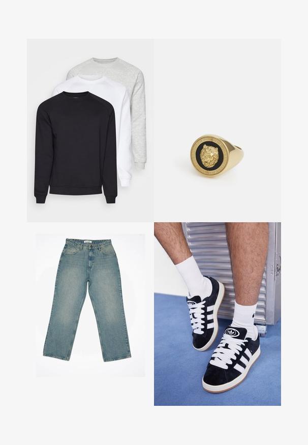 Tre felpe girocollo in nero, bianco e grigio chiaro. Presentano maniche lunghe, polsini a costine e un tessuto morbido e strutturato.; T-shirt bianco a maniche corte realizzato in cotone morbido. Presenta un collo a giro e una vestibilità rilassata, con una texture liscia e un design semplice e privo di decorazioni.; Jeans in denim azzurro chiaro con vita alta e vestibilità ampia. Presentano tasche frontali, zip e dettagli di cucitura in evidenza.; Sneakers in suede nero con lacci bianchi e tre strisce bianche. Presentano un logo circolare nero sulla linguetta e una suola in gomma color gomma.; Anello dorato con un motivo di leone in rilievo su sfondo nero, incorniciato da una banda circolare incisa con il nome del marchio.