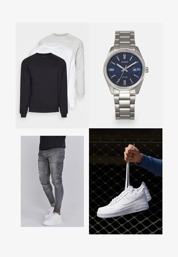 Kolm üliõhukest dressipluusi mustas, valges ja helesinises värvitoonis. Need on varrukatega, ribaga ääreosadega ja pehmest, tekstuuriga kangast.; Kitsad teksad tuhmhall denimil, millel on kulunud detailid põlvedes, koos valgete tossudega. Sile tekstuur, kitsas lõige.; Valged nahast tennisetossud, millel on perforatsioonid, ümar nina, lame tallus ja paksud nöörid, nähtava swooshi logoga ja "AIR" kontsadel.; Hõbedane roostevabast terasest käekell, tumesinise lõpliku, metallsete tuntud numbrite ja kuupäevanäidikuga kell 3 juures. Veekindel kuni 50 meetrit.