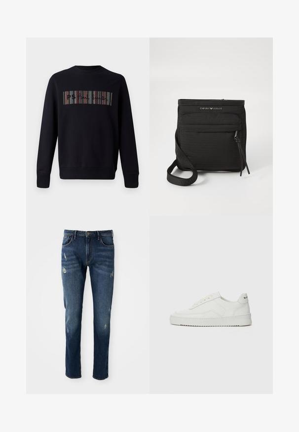 Mustassa collegepaidassa on pyöreä kaulus, ja siinä on edessä moniväristä raidallista brodeerausta, jossa lukee "PS". Rannekkeet ja helma ovat käännetyt.; Tummansiniset farkut, joissa on slim fit -leikkaus, kevyttä kulutusta reiden ja polvien kohdalla, klassinen viiden taskun muotoilu ja nappisulku.; Valkoinen nahkakenkä, jossa on sileä pinta, pyöreä kärki, tasaiset nauhat ja teksturoitu pohja. Sisältää huomaamattoman logon kantapäässä.; Musta Emporio Armani olkalaukku etutaskulla, säädettävällä hihnalla ja logo-yksityiskohdalla purrtussa kankaan pinnassa.