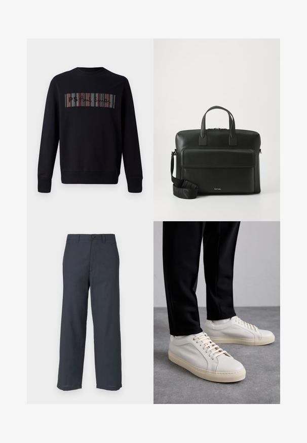 Mustassa collegepaidassa on pyöreä kaulus, ja siinä on edessä moniväristä raidallista brodeerausta, jossa lukee "PS". Rannekkeet ja helma ovat käännetyt.; Laivastonsiniset housut, jotka on valmistettu sileästä kankaasta. Niissä on suora lahkeen malli, kaksi etutaskua ja yksittäinen nappikiinnitys.; Vaaleanbeige nahkakengät, joissa on litteät nauhat, teksturoitu pinta ja kontrastiväri kermanvalkoinen kumipohja, yhdistettynä mustiin kapeisiin housuihin.; Musta nahkainen salkku, jossa on kaksinkertaiset yläpitäjät, etutasku ja irrotettava hihna, ja jossa on huomaamaton merkintä pohjassa.