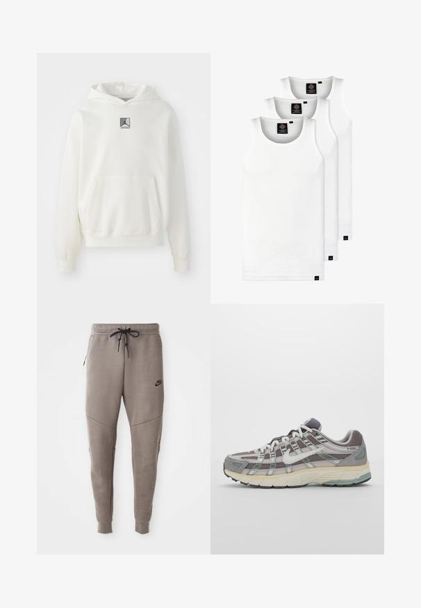 Sweatshirt branco com capuz feito de tecido suave. Apresenta um bolso frontal central e um patch de logotipo cinza no peito. Ajuste descontraído com punhos canelados.; Três tops em algodão de alças brancas com nervuras. Apresentam um decote redondo e pequenas etiquetas pretas perto da bainha. Disponíveis em vários tamanhos.; Calças de treino cinzentas da Nike com um cós elástico ajustável, pernas ajustadas, bolsos laterais e pormenores de costura distintos. Tecido suave e texturizado.; Sapatilha atlética cinza com parte superior em malha e camurça, detalhes brancos, sola acolchoada e um design distinto com elementos refletivos.