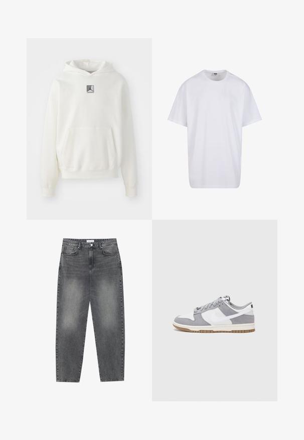 Hvid hætte sweatshirt lavet af blødt stof. Har en central frontlomme og en grå logo-patch på brystet. Afslappet pasform med ribbede manchetter.; Hvid bomulds t-shirt med korte ærmer, rund halsudskæring, afslappet pasform, og ingen synlige logoer eller mønstre. Glat tekstur og minimalistisk design.; Høj talje, løstsiddende jeans i falmet sort denim. Har fem lommer, bæltestropper og et rent, lige ben design.; Grå og hvid sneaker med en overdel i ruskind og læder, rund tå, flade snørebånd og en gummisål med en gummifarvet detalje.