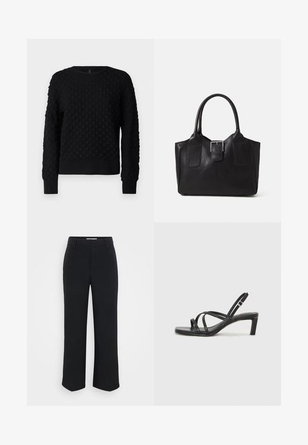Fekete pulóver textúrált pikkelymintával, kerek nyakkal, valamint bordás mandzsettákkal és alja. Puha, kötött anyagból készült.; Fekete, bő szabású nadrág sima textúrával, lapos derékrésszel és oldalsó zsebekkel, minimalista esztétikával tervezve.; Fekete pántos szandál négyzetes orral és alacsony blokk sarkal. Több vékony pánttal és állítható boka pánttal rendelkezik. Sima bőrből készült.; Fekete bőr bevásárlótáska sima textúrával, strukturált formával, két fogantyúval és egy figyelemfelkeltő ezüst csattal az elején.