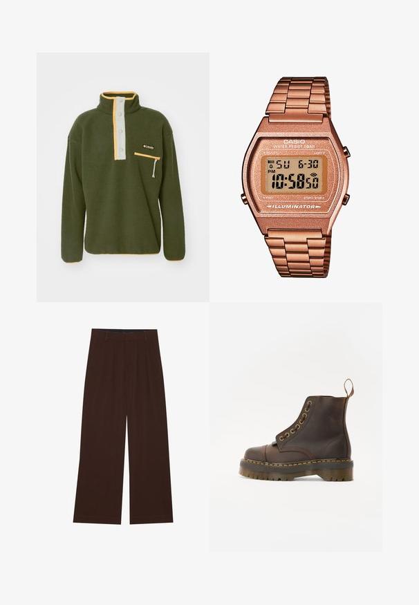 Zelen pulover iz flisa s polovičnim zadrgo, visokim ovratnikom, kontrastnimi rumenimi in svetlo modrimi detajli ter z žepom na prsih z zadrgo. Mehka tekstura.; Rjave široke hlače s plisami. Narejene iz gladkega materiala, s prilagojenim pasom in stranskimi žepi. Ravna obroba na dnu.; Rjavi usnjeni gležnjarji z okroglim prstom, kontrastnim rumenim šivom, dekorativnimi kovinskimi očesci in zarezanem gumijastem podplatu.; Digitalna Casio ura z rožnato zlato kovinsko zanko, pravokotno ohišje, osvetljen prikaz, vodoodpornost, ki prikazuje čas in datum.