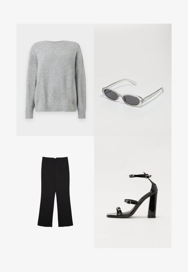Jasnoszary sweter, wykonany z miękkiego materiału, ma okrągły dekolt, luźny krój oraz prążkowane mankiety i dół, co dodaje mu faktury i detali.; Czarne spodnie o prostym kroju, z przednimi kieszeniami i bocznymi rozcięciami na dole. Wykonane z miękkiego, gładkiego materiału. Odpowiednie na różne okazje.; Czarne lakierowane sandały na obcasie z kwadratowym noskiem, z paskami wokół kostki i srebrnymi klamrami. Posiadają masywny słupek dla stabilności.; Okulary przeciwsłoneczne w owalnym kształcie, z przezroczystą plastikową oprawą, ciemnoszarymi soczewkami oraz cienkimi przezroczystymi ramionami z akcentami logo i minimalnymi detalami.