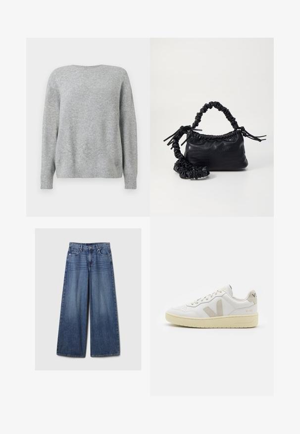 Un suéter gris claro, hecho de una tela suave, presenta un escote redondo, un corte relajado y puños y dobladillo acanalados para añadir textura y detalle.; Jeans de mezclilla azul de pierna ancha con un acabado desgastado, que cuentan con un cierre de botón y cremallera, cinco bolsillos y cinturas.; Zapatilla de piel blanca con acentos de ante beige, caja de puntera perforada, cordones planos y suela texturizada en color crema. Cuenta con un branding sutil en el talón.; Bolso de mano de imitación cuero negro con textura de cocodrilo, parte superior fruncida y correa arrugada. Presenta un diseño suave y compacto.