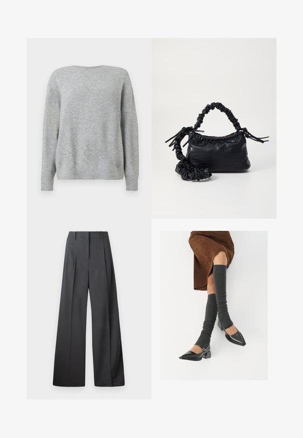 Világosszürke pulóver, puha anyagból készült, kerek nyakkivágással, laza szabással, bordázott mandzsettákkal és aljjal, hogy textúrát és részletgazdagságot biztosítson.; Széles szárú nadrág sötétszürke anyagból, magas derekú, egyes redőkkel, sima textúrával és tiszta befejezéssel a szegélyeken.; Fekete lakk bőrből készült, hegyes orrú cipők, tömbsarkúakkal és bokapánttal, szürke bordás lábszármelegítőkkel és barna velúr szoknyával párosítva.; Fekete műbőr kézi táska krokodil bőr textúrával, összehúzható tetejű és gyűrt pánttal. Lágy és kompakt dizájnúnak tűnik.