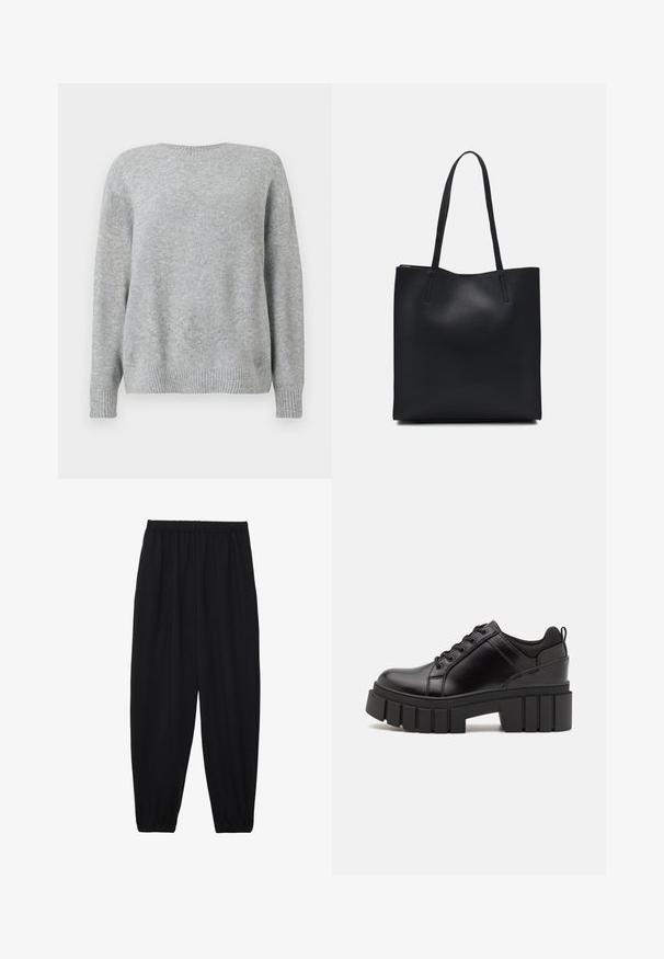 Jasnoszary sweter, wykonany z miękkiego materiału, ma okrągły dekolt, luźny krój oraz prążkowane mankiety i dół, co dodaje mu faktury i detali.; Czarne, lekkie spodnie z elastycznym pasem i ściągaczami na kostkach. Materiał jest gładki i ma luźny, zwężany krój.; Czarne skórzane buty na platformie z masywnym słupkowym obcasem, okrągłym noskiem i klasycznym sznurowaniem. Posiadają gładką teksturę i minimalne wykończenia.; Czarna skórzana torba tote o gładkiej fakturze, prostokątnym kształcie i dwóch długich uchwytach. Brak widocznych elementów metalowych i ozdób.