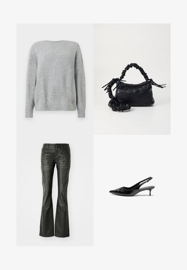 Hellgrauer Pullover aus weichem Stoff, mit Rundhalsausschnitt, lockerer Passform und gerippten Bündchen sowie Saum für Textur und Details.; Schwarze Kunstleder-Flared-Jeans mit Fronttaschen, einem Metallknopfverschluss und einer leicht strukturierten Oberfläche. Schmaler Schnitt mit langem Bein.; Schwarze Leder-Slingback-Absätze mit einer spitzen Zehenform, kleinen Kitten-Absätzen und einem dekorativen Knoten-Detail auf der Vorderseite. Glatte Textur über die gesamte Fläche.; Schwarze Handtasche aus Kunstleder mit Krokodilstruktur, gerafftem oberen Teil und einem geschoppten Tragegurt. Sie wirkt weich und kompakt im Design.