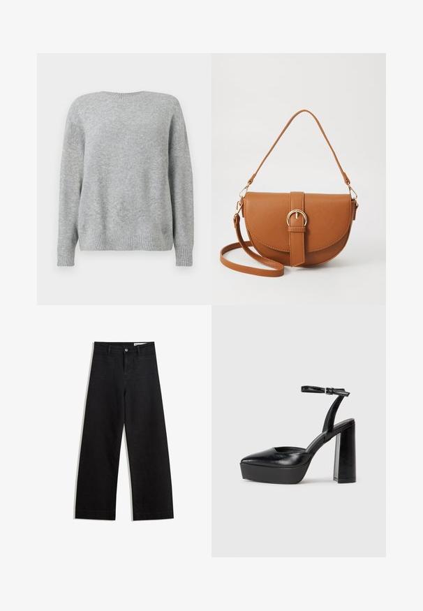 Lichtgrijze trui, gemaakt van zachte stof, heeft een ronde halslijn, een relaxte fit en ribgebreide manchetten en zoom voor extra textuur en detail.; Zwarte denim broek met wijde pijpen en een hoge taille, voorzien van voor- en achterzakken, gestikte naden en een knoopsluiting. Gladde textuur.; Zwarte plateauhakken met een puntige neus en verstelbare enkelband. Gemaakt van soepel leer, met een robuuste blokhak.; Bruine leren schoudertas met een gebogen vorm, gouden hardware en een gespaccent. Bevat een afneembare schouderriem.