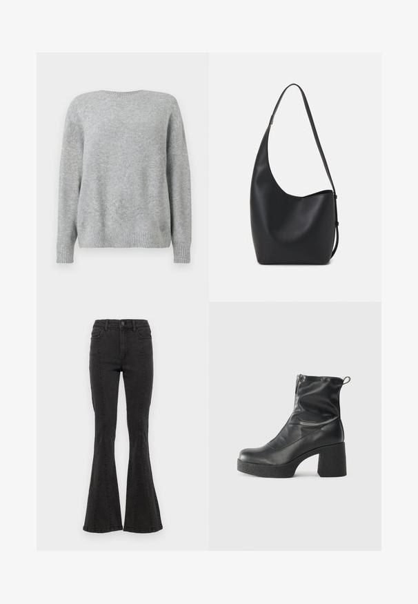 Light gray sweater, made of soft fabric, features a round neckline, relaxed fit, and ribbed cuffs and hem for texture and detail.; Black denim flared jeans with a high waist, featuring side seams and a clean finish at the hem. Fabric has a smooth texture with slight stretch.; Black ankle boots made of smooth leather, featuring a side zipper, chunky textured heel, and rounded toe design.; Black leather hobo bag with a smooth texture, curved shape, and single adjustable strap; features a wide opening at the top.