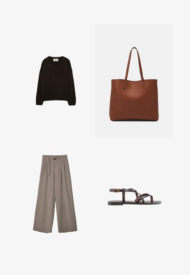 Dunkelbrauner Strickpullover mit Rundhalsausschnitt, überschnittenen Schultern, gerippten Bündchen und Saum, der eine weiche Textur und eine entspannte Passform aufweist.; Weite Hose aus einem weichen, gedämpften grauen Stoff, mit einem taillierten Bund und Falten für zusätzliche Design-Details. Glatte Textur, keine Muster.; Braune Leder-Sandale mit überkreuzten Riemen, einem Knöchelriemen mit Schnalle und einer flachen Sohle mit minimalen Nähdetails.; Braune Leder-Tote mit glatter Textur, offenem Oberteil und zwei Schulterriemen. Verfügt über minimale Nähte und keine sichtbaren Beschläge.